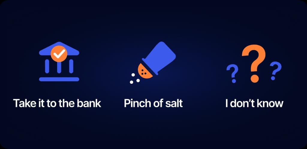 Take it to the bank, pinch of salt, and I don’t know